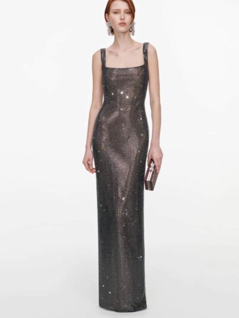 NWT Self-Portrait Gunmetal Square Neck Rhinestone Maxi Dress US 4